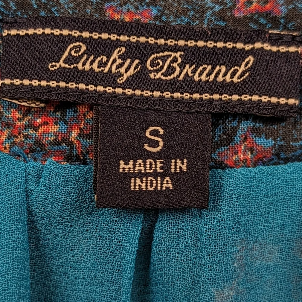 Lucky Brand Tank Dress Drawstring Waist Button Front Medallion Print Blue Pink S